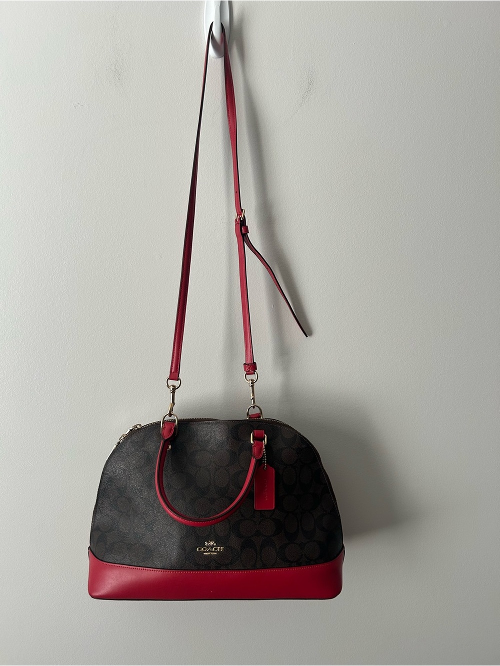 COACH Brown Signature Sierra Dome Satchel with Red Trim F27584 - Picture 4 of 11